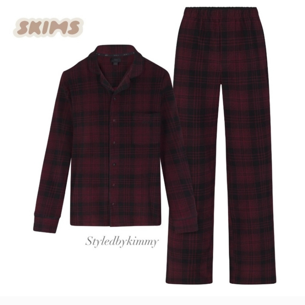 SKIMS Fleece Sleep Unisex Sleep Set in Wine Plaid Size Small NWT